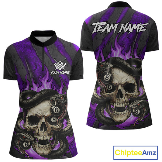 Personalized Skull And Snakes Flame Billiard Shirt For Women Custom 8 Ball Pool Team Jersey |Purple TDM5086