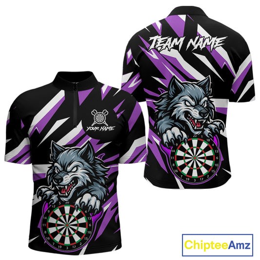 Personalized Wolf Darts Polo & Quarter Zip Custom Darts Shirt For Men, Darts Jersey |Purple TDM5319