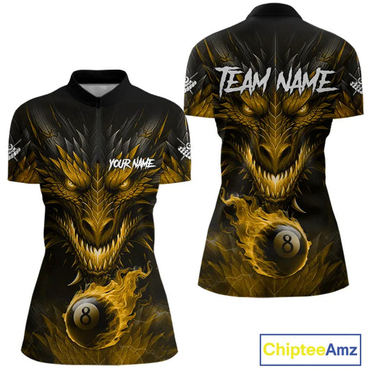 Personalized Dragon 8 Ball Fire Flame 3D Billiard Shirt For Women, Billiard League Team Jersey|Yellow TDM5595