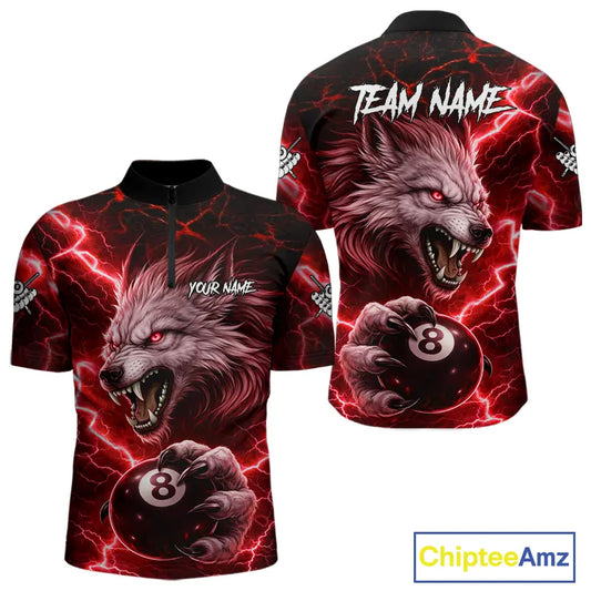 Red 8 Ball Pool Wolf Lightning Billiard Shirt For Men Custom Billiard Team Jersey Polo & 1/4 Zip TDM5614