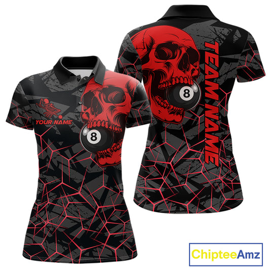 Women’s red skull 8 ball pool polo shirt with bold billiard graphics for league and tournament play.