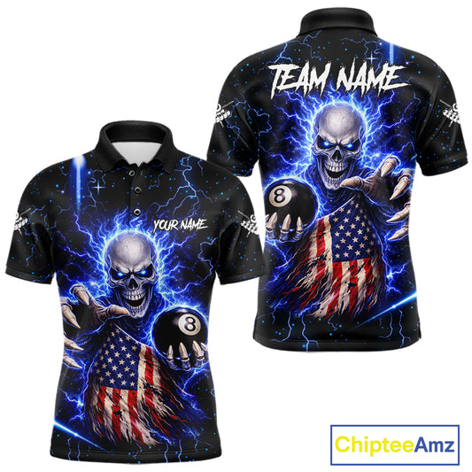 Blue Lightning 8 Ball US Flag Skull Billiard Shirt For Men Custom Pool Team Jersey Polo & 1/4 Zip TDM6230