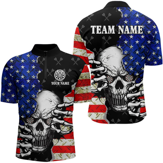 Personalized American Flag Skull Dart Shirts For Men, Patriotic Cool Dart Team Jerseys TDM3125