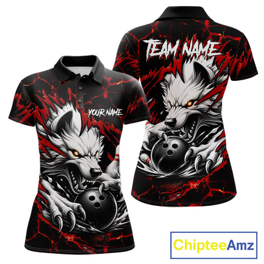 Black and red custom wolf bowling team jersey polo shirt for women featuring a fierce wolf design, premium personalized bowling league apparel for tournaments and team play.