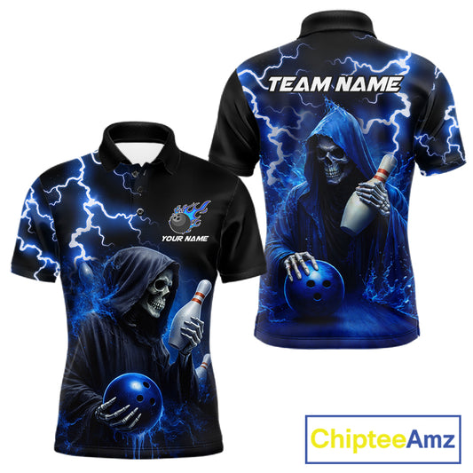 Blue Grim Reaper Bowling Shirt For Men Custom Lightning Team League Bowling Jersey Polo & 1/4 Zip TDM5854