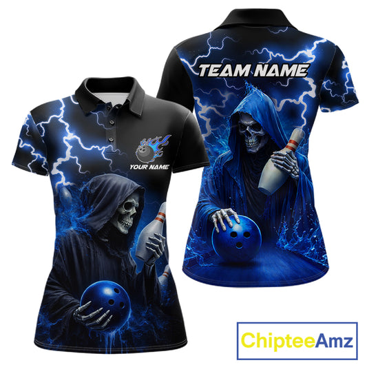Blue Grim Reaper Bowling Shirt For Women Custom Lightning Team League Bowling Jersey Polo & 1/4 Zip TDM5854