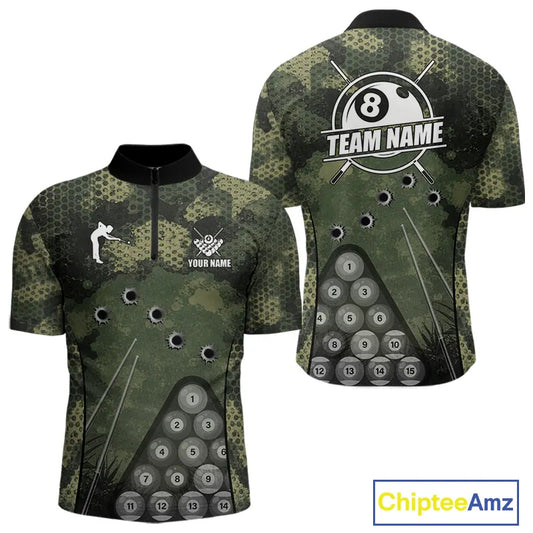 Green Camo 8 Ball Billiard Shirt For Men Custom Pool Team Shirt, Billiard Jersey Polo & 1/4 Zip TDM5655