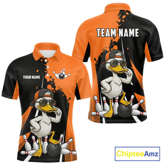 Custom Black And Orange Funny Duck Bowling Shirts For Men, Bowling Team Jersey Polo & 1/4 Zip TDM6294