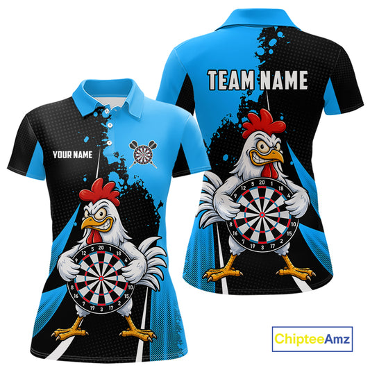 Blue Funny Chicken Darts Shirts For Women Custom Rooster Darts Team Jersey Polo & Quarter Zip TDM7199