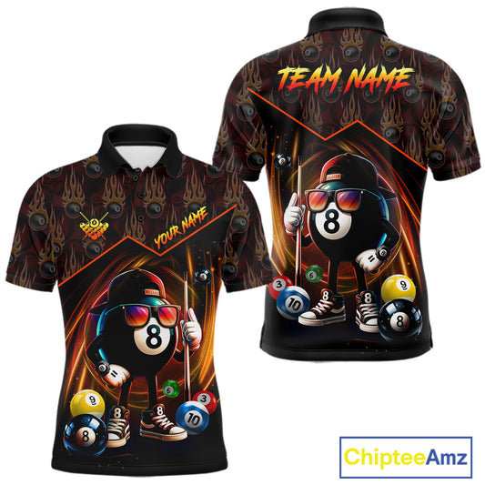 Orange Funny 8 Ball Pool Billiard Shirt For Men Custom Flame Billiard Team Jersey Polo & 1/4 Zip TDM6347