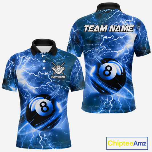 Blue 8 ball thunder lightning billiard polo shirt for men with custom pool team graphics.