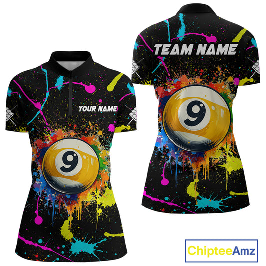 Funny 9 Ball Pool Colorful Paint Splash Custom Billiard Shirt For Women, Billiard Team Jersey Outfit TDM4604