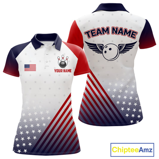 American Flag Bowling Jersey For Women Custom Patriotic Bowling Shirt Team Polo & 1/4 Zip |White TDM5971