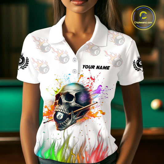 Funny Colorful Billiard Skull Personalized Women Polo Shirts, Custom Team Name Billiard Attire TDM1124