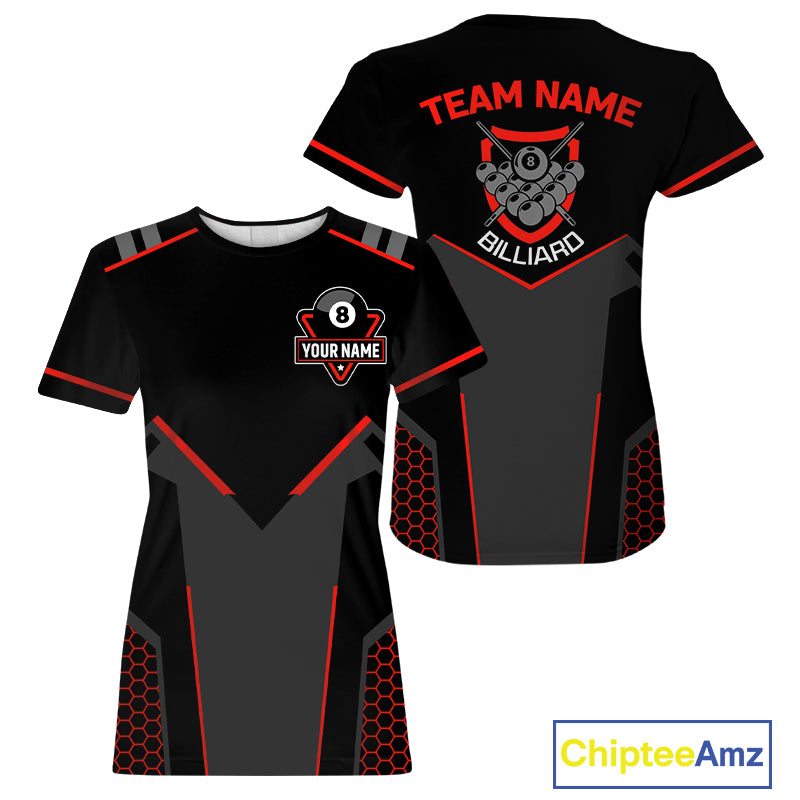 Personalized Black And Red 8 Ball Pool Billiard T-Shirt For Women Custom Billiard Team Jersey VHM1056