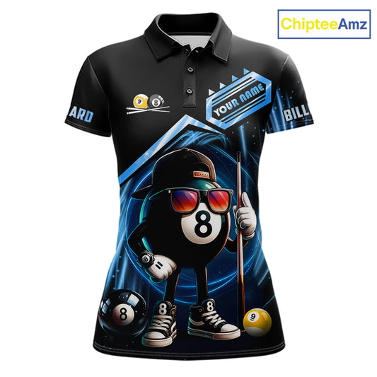 Black and blue billiard polo shirt with funny 8 ball and 9 ball design, customizable your name & team name pool jersey for women