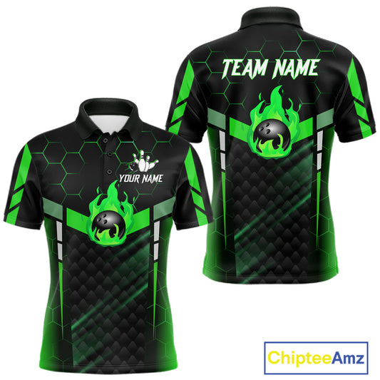 Black And Green Bowling Jersey For Men Custom Flame Bowling Shirt Team Polo & Quarter Zip TDM5825