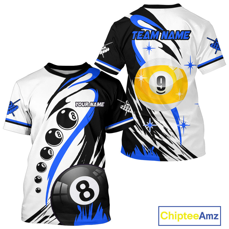 Personalized 8 Ball & 9 Ball Pool Billiard T-Shirt For Men Custom Billiard Team Jersey | Blue TDM2409