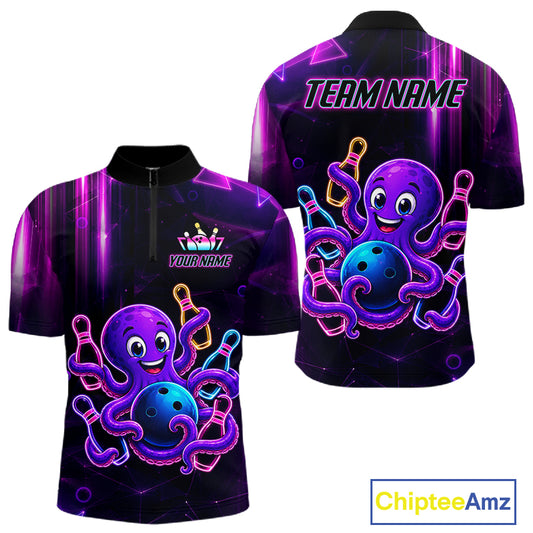 Colorful neon octopus bowling quarter zip shirt for men built for league tournaments and team events.