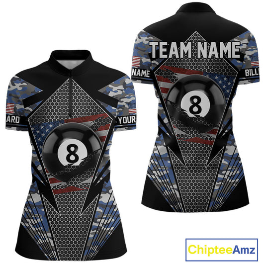 Personalized Blue Camo 8 Ball Pool Billiard Shirt For Women, Patriotic US Flag Billiard Team Jersey TDM4223