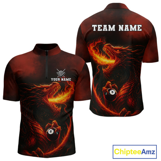 Personalized Flame Dragon 8 Ball Billiard Shirt For Men Custom Red Pool Team Jersey Polo, 1/4 Zip TDM4445