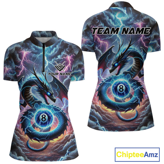 Personalized Blue Purple Thunder Lightning Dragon Billiard Shirt For Women, 8 Ball Pool Team Jersey TDM4483