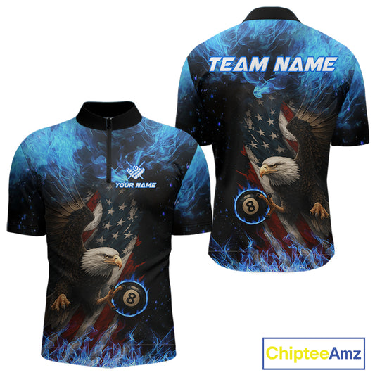 Blue Flaming American Flag Eagle Billiard Shirt For Men Custom 8 Ball Pool Jersey Polo & 1/4 Zip TDM4298