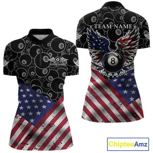Personalized American Flag 8 Ball Wings Billiard Shirt For Women, Patriotic Pool Team Jerseys TDM4435