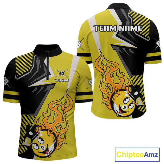 Personalized Yellow Black Funny 9 Ball Flame Billiard Shirt For Men Custom 9 Ball Pool Team Jersey TDM4455