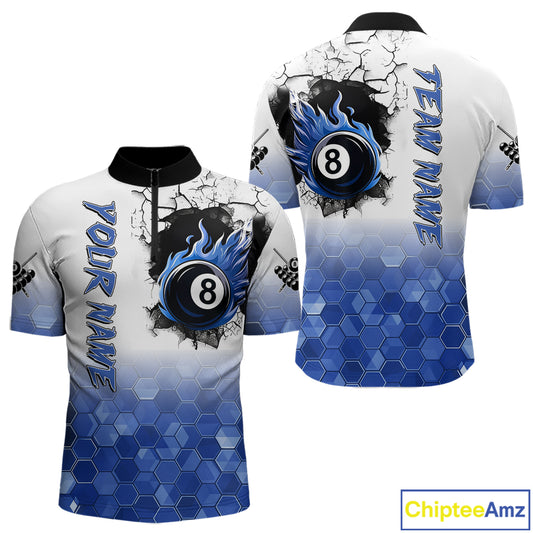 Custom White And Blue Hexagon 8 Ball Flame Billiard Shirt For Men, Funny Pool Team Jersey TDM4552