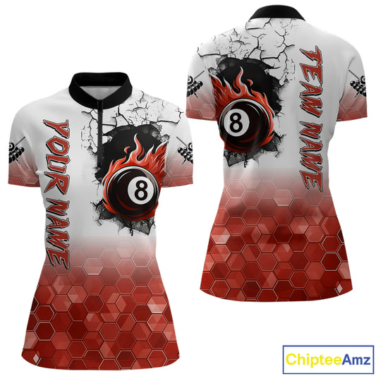 Custom White And Red Hexagon 8 Ball Flame Billiard Shirt For Women, Funny Pool Team Jersey TDM4554
