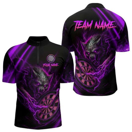 Personalized Purple Thunder Lightning Wolf Darts Shirt For Men, Darts Team Jersey Polo & 1/4 Zip TDM4384