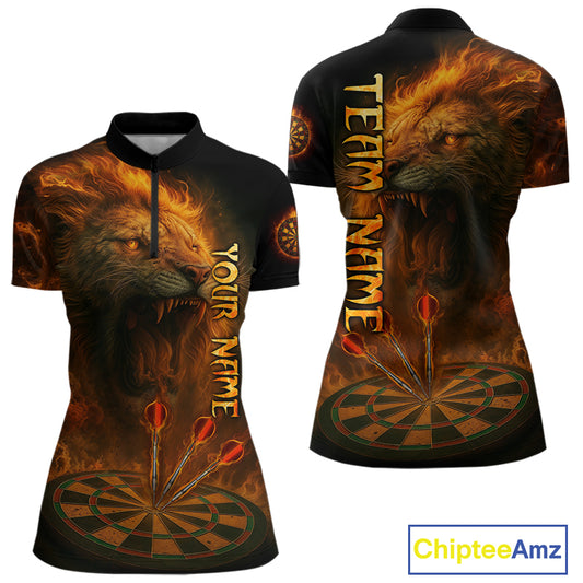 Personalized Fire Flame Lion Darts Shirt For Women Custom Orange Darts League Jersey Polo & 1/4 Zip TDM4678