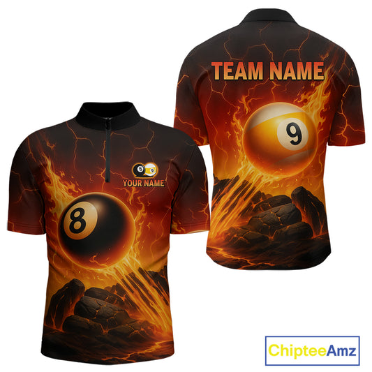 Personalized Fire 8 Ball & 9 Ball Billiard Shirt For Men Custom Pool Team Jersey Polo & 1/4 Zip TDM4281