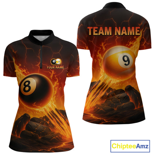 Personalized Fire 8 Ball & 9 Ball Billiard Shirt For Women Custom Pool Team Jersey Polo & 1/4 Zip TDM4281