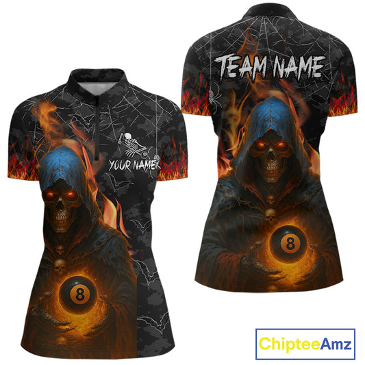 Personalized Flaming Grim Reaper 8 Ball Pool Billiard Shirt For Women, Halloween Billiard Outfit TDM4788