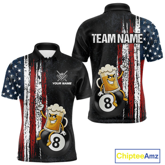 Funny Beer American Flag 8 Ball Billiard Shirt For Men Custom Pool Team Jersey Polo & 1/4 Zip TDM5947