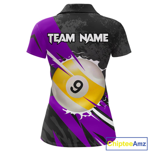Black And Purple 8 Ball & 9 Ball Billiard Shirt For Women Custom Pool Team Jersey Polo & 1/4 Zip TDM6364