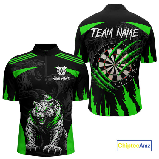 Black And Green Custom Leopard Darts Shirt For Men, Darts Team Jersey Polo & Quarter Zip TDM5627