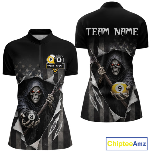 Grim Reaper 8 Ball & 9 Ball US Flag Billiard Shirt For Women Custom Pool Team Jersey Polo & 1/4 Zip TDM5639