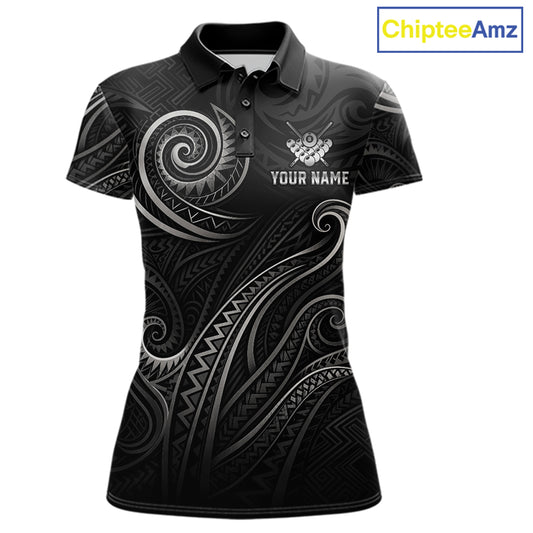 Personalized flame 8 ball billiard polo shirt for women with bold custom league-ready tribal pattern.