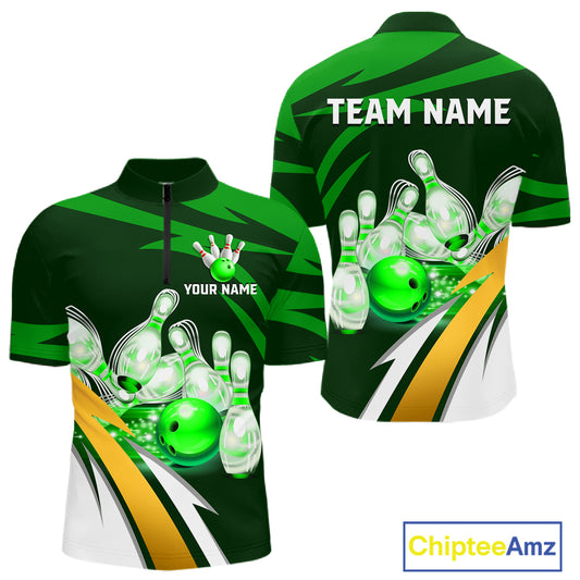Personalized green strike ball bowling team jersey quarter zip shirt for men featuring green strike bowling ball artwork, premium custom bowling apparel.