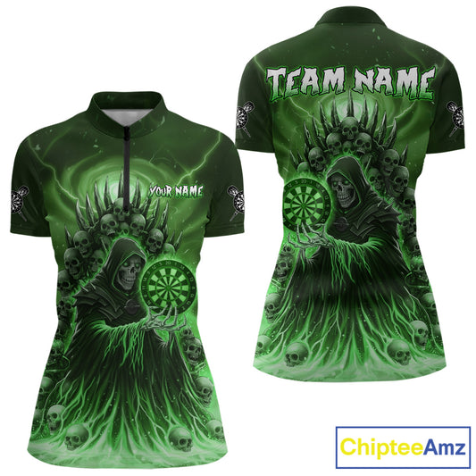 Personalized Green Grim Reaper Darts Jersey For Women Custom Skull Darts Team Polo & Quarter Zip TDM5060