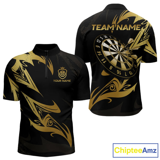 Black And Gold Dartboard Tribal Darts Polo & 1/4 Zip Custom Darts Shirt For Men, Darts Team Jersey TDM5366