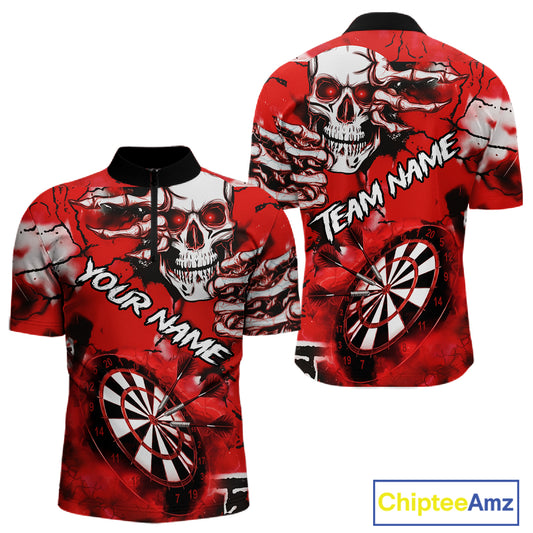 Personalized Red Grunge Skull Darts Shirt For Men Custom Darts Team Jersey Polo & Quarter Zip TDM5028