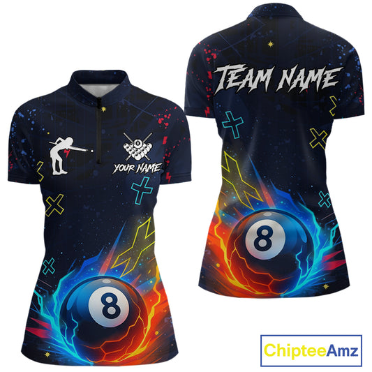 Funny Neon 8 Ball Billiard Shirt For Women Custom Navy Blue Pool Team Shirt Polo & 1/4 Zip TDM5491
