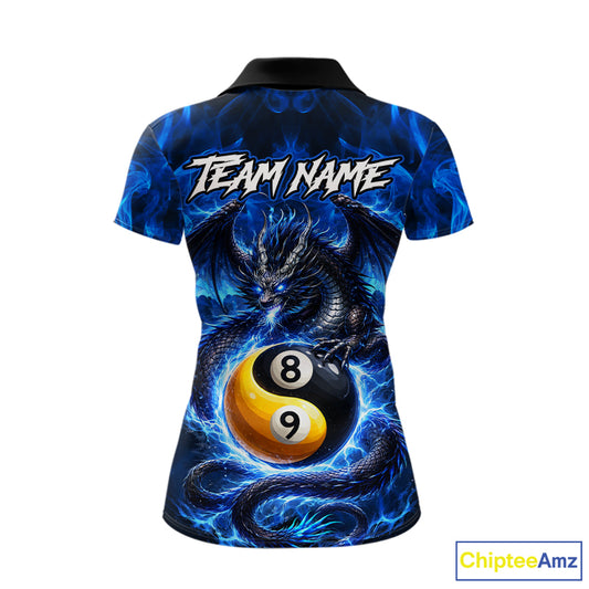 Blue 8 Ball & 9 Ball Fire Yin And Yang Dragon Billiard Shirt For Women Custom Pool Team Jersey TDM5841