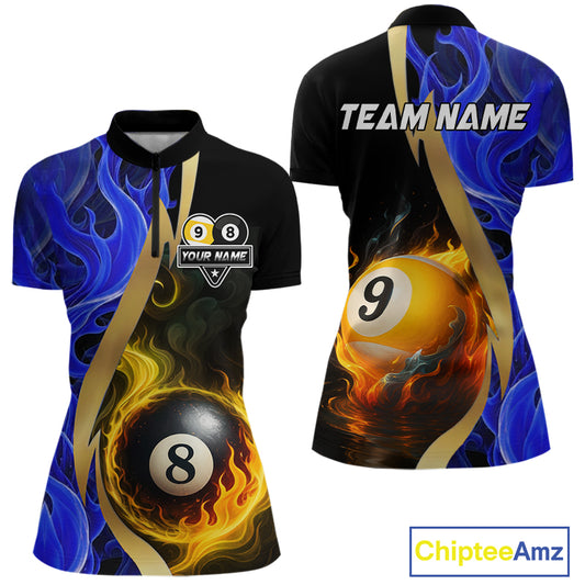 Blue 8 Ball & 9 Ball Fire Flame Billiard Shirt For Women Custom Pool Team Shirts, Billiard Jersey TDM5350