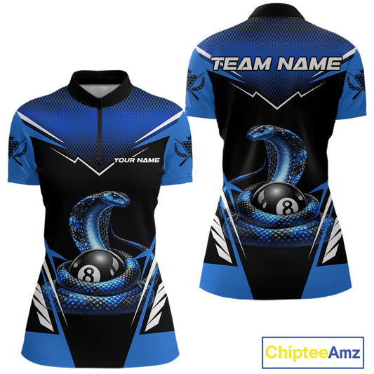 Cobra Balls Billiard Polo & 1/4-Zip Shirt For Women Custom 8 Ball Pool Billiard Attire|Blue NYN2393