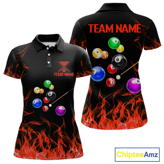 Red Flames Pool Balls Women Billiard Polo & 1/4-Zip Apparel Custom Billiard Team Shirt Designs NYN2405